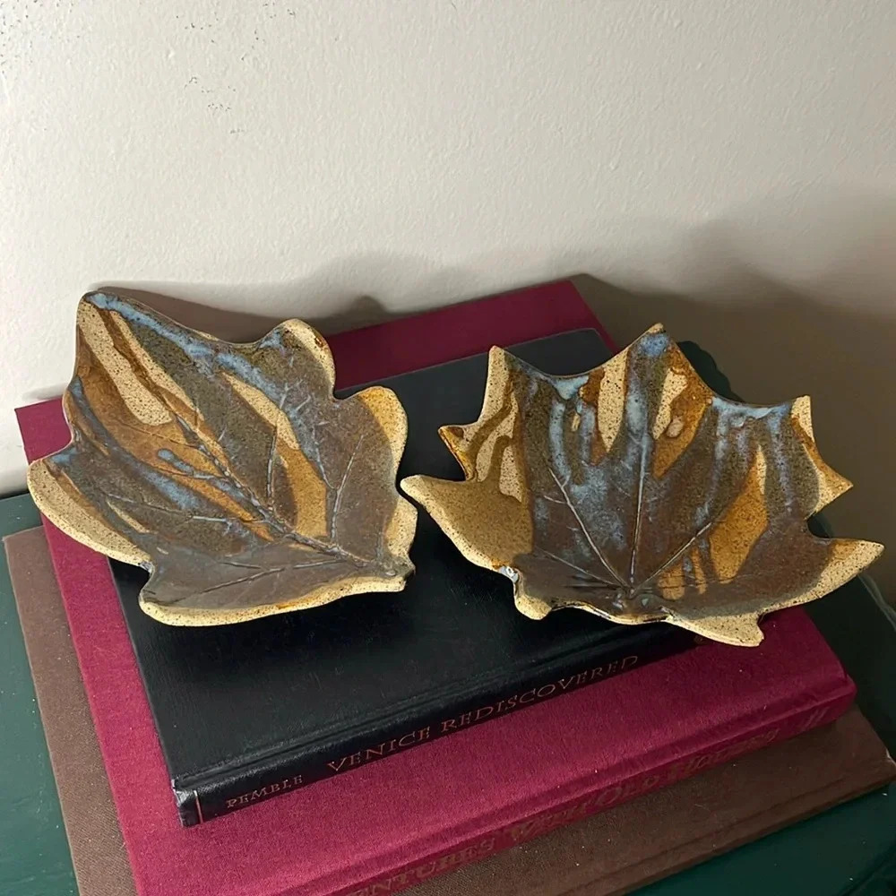 Handmade Pottery Blue Brown Drip Glaze Oak‎ and Maple Leaf Trinket Trays